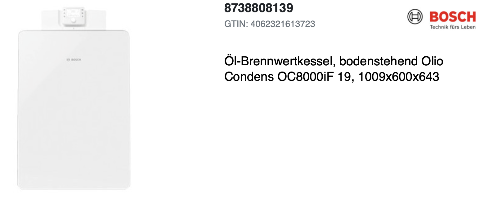Bosch Öl-Brennwertkessel, bodenstehend Olio Condens OC8000iF 19, 1009x600x643 8738808139