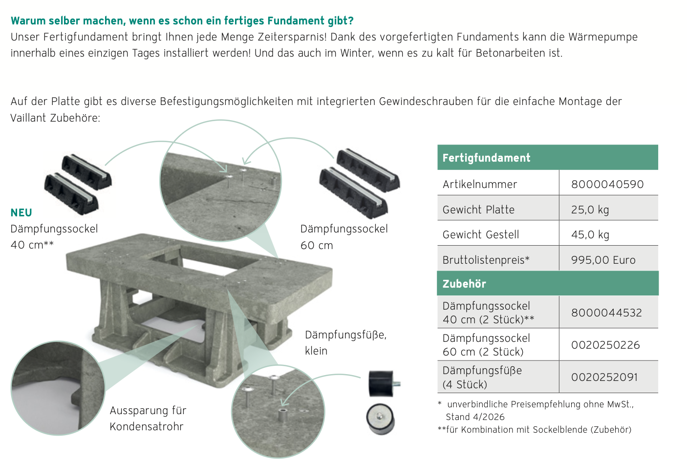 VAILLANT Fertigfundament für aroTHERM plus / Split / pro  8000040590