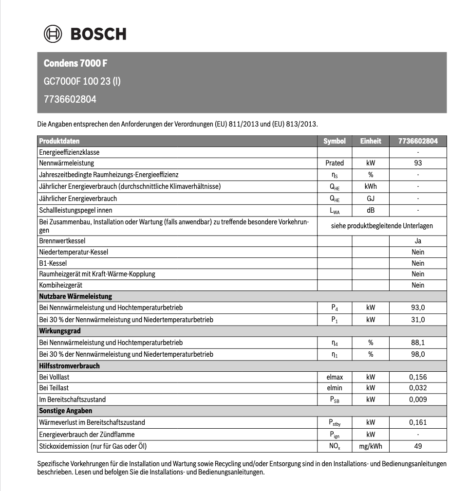 BOSCH Gas-Brennwertkessel, bodenstehend Condens GC7000F 75 L 23, 1470x670x736 7736602803