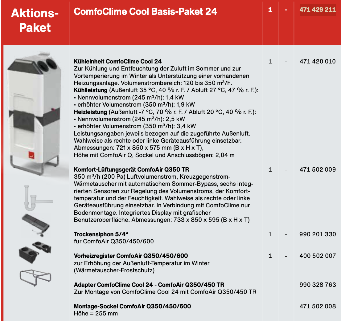 Zehnder Kühleinheit Set ComfoClime Cool 24 CC Cool 24 + ComfoAir Q350 TR 471429211 Basis Paket24 